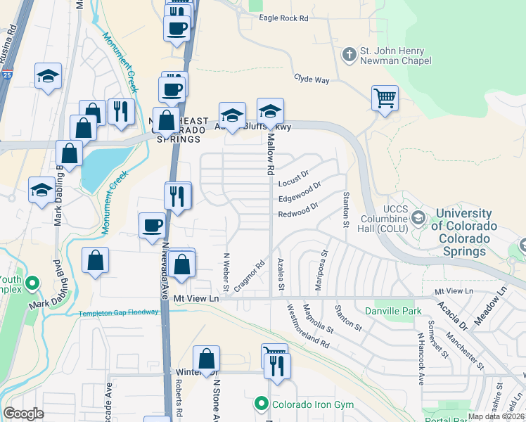 map of restaurants, bars, coffee shops, grocery stores, and more near 401 Redwood Drive in Colorado Springs