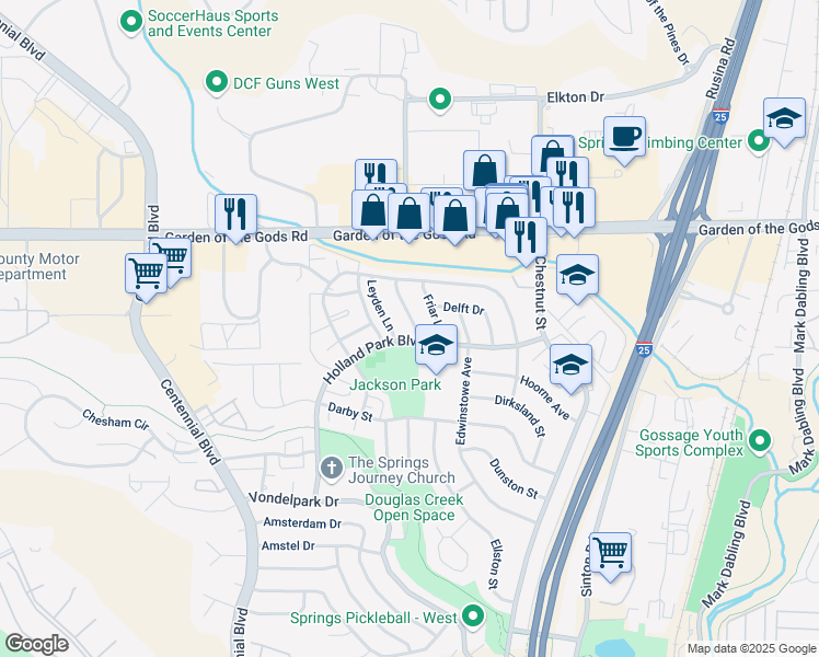 map of restaurants, bars, coffee shops, grocery stores, and more near 1102 Holland Park Boulevard in Colorado Springs