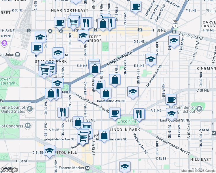 map of restaurants, bars, coffee shops, grocery stores, and more near 101 Independence Avenue Southeast in Washington