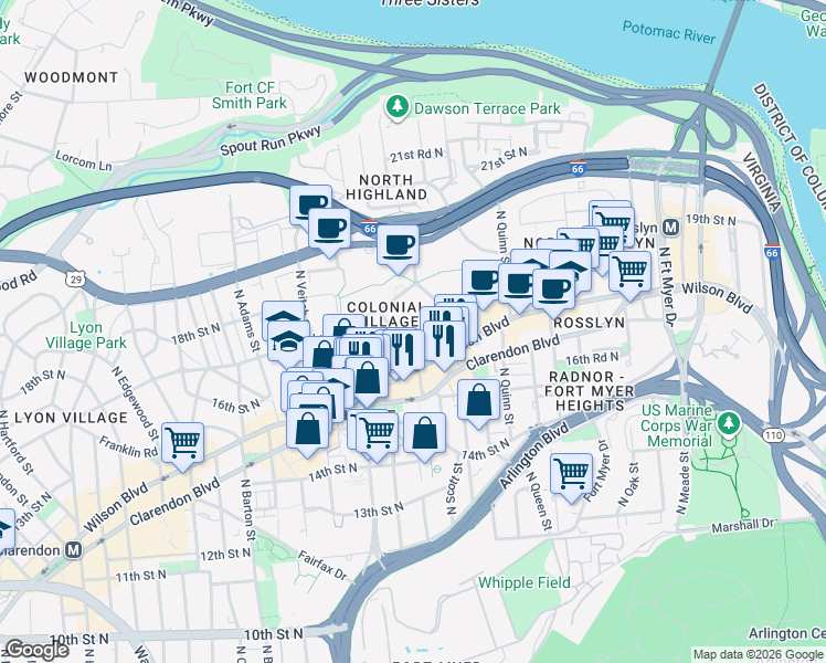 map of restaurants, bars, coffee shops, grocery stores, and more near 101 Independence Avenue Southeast in Washington