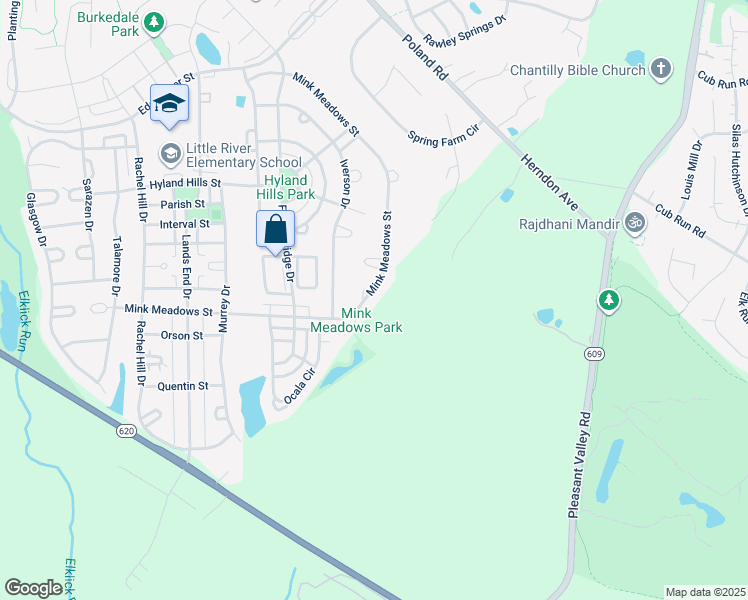 map of restaurants, bars, coffee shops, grocery stores, and more near 43623 Mink Meadows Street in Chantilly