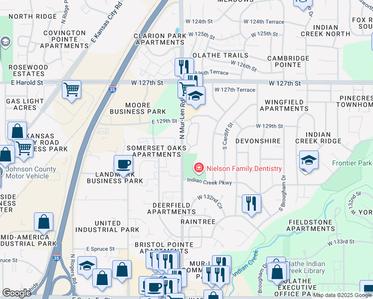 map of restaurants, bars, coffee shops, grocery stores, and more near 13025 South Mur-Len Road in Olathe