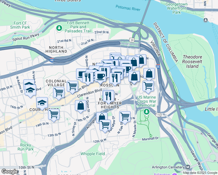 map of restaurants, bars, coffee shops, grocery stores, and more near 1530 Clarendon Boulevard in Arlington