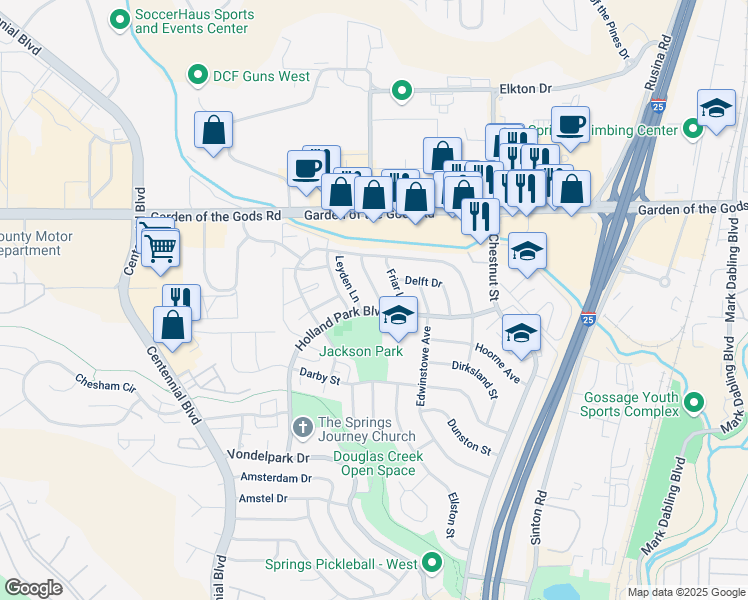 map of restaurants, bars, coffee shops, grocery stores, and more near 1102 Holland Park Boulevard in Colorado Springs