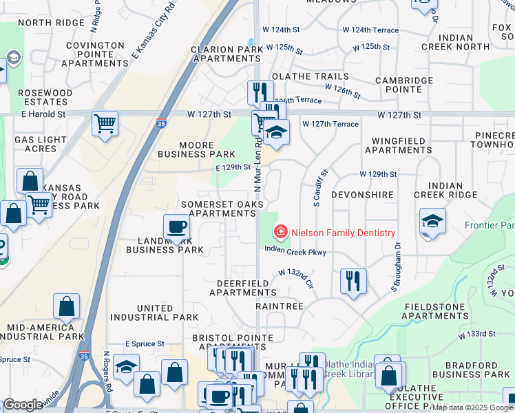 map of restaurants, bars, coffee shops, grocery stores, and more near 813 North Mur-Len Road in Olathe