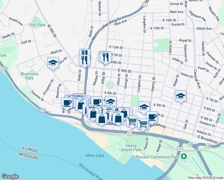 map of restaurants, bars, coffee shops, grocery stores, and more near 607 Easton Street in Alton