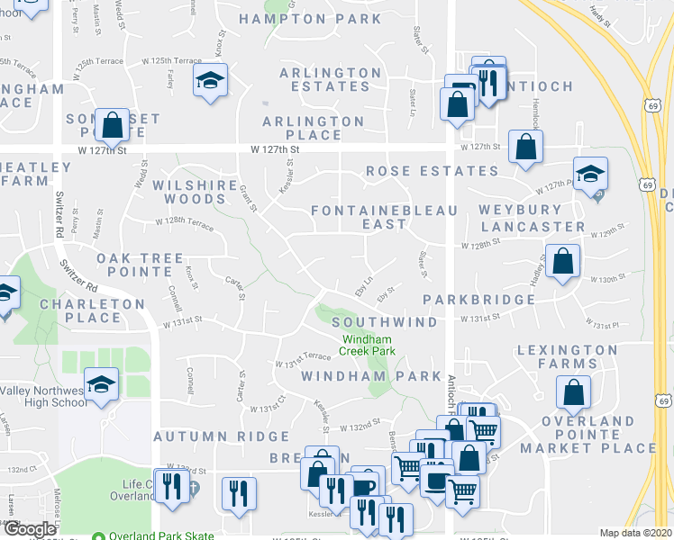 map of restaurants, bars, coffee shops, grocery stores, and more near 9120 West 131st Street in Overland Park