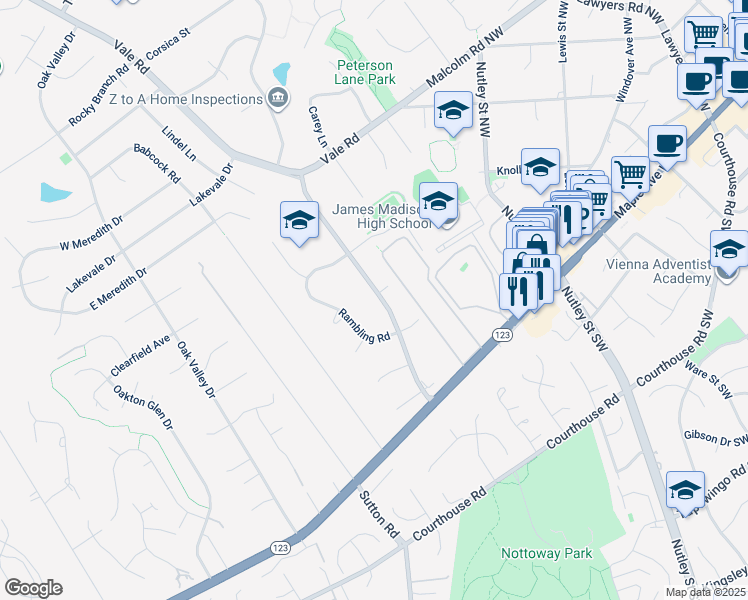 map of restaurants, bars, coffee shops, grocery stores, and more near 2520 Flint Hill Road in Vienna