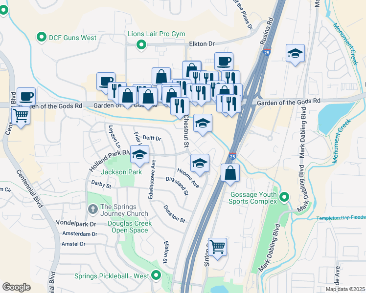 map of restaurants, bars, coffee shops, grocery stores, and more near 710 Holland Park Boulevard in Colorado Springs
