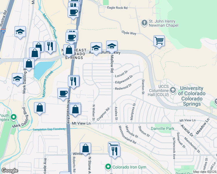 map of restaurants, bars, coffee shops, grocery stores, and more near 401 Redwood Drive in Colorado Springs