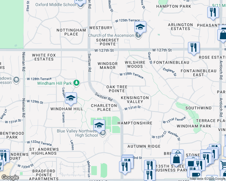 map of restaurants, bars, coffee shops, grocery stores, and more near 12914 Wedd Street in Overland Park