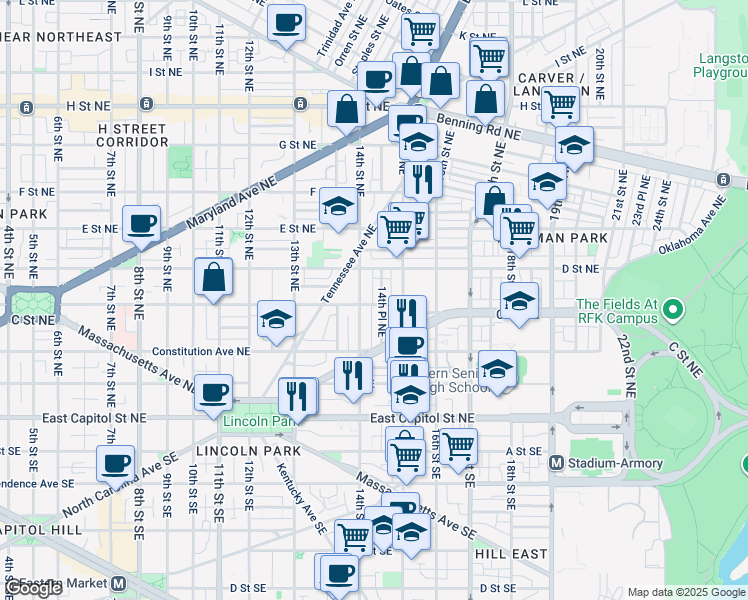map of restaurants, bars, coffee shops, grocery stores, and more near 1410 C Street Northeast in Washington
