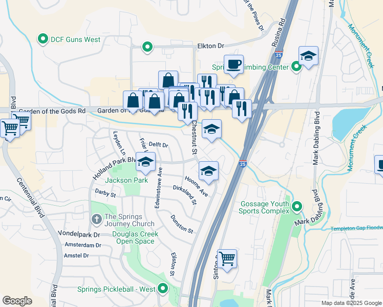 map of restaurants, bars, coffee shops, grocery stores, and more near 4402 North Chestnut Street in Colorado Springs