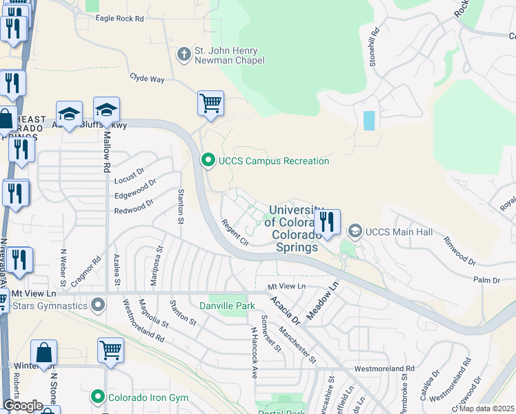 map of restaurants, bars, coffee shops, grocery stores, and more near 1420 Austin Bluffs Parkway in Colorado Springs