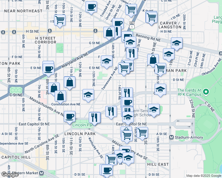 map of restaurants, bars, coffee shops, grocery stores, and more near 1374 C Street Northeast in Washington