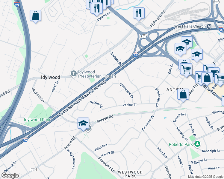 map of restaurants, bars, coffee shops, grocery stores, and more near 2405 Lexington Road in Falls Church