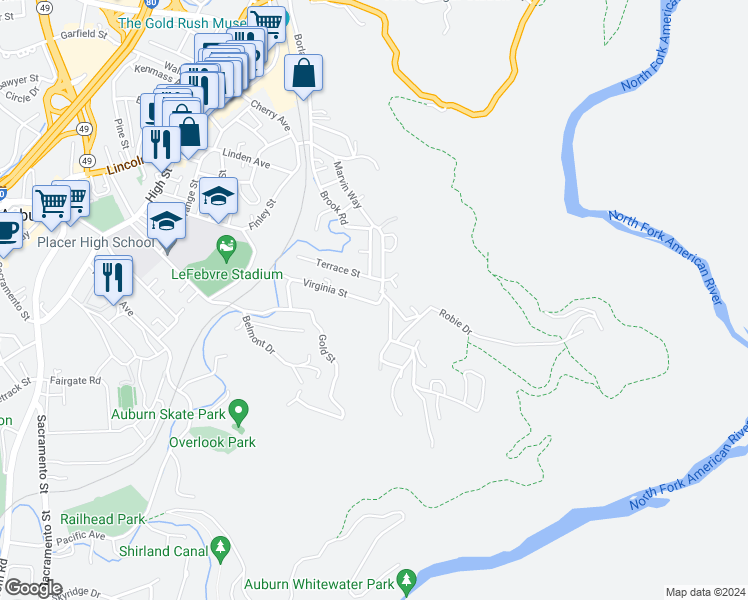map of restaurants, bars, coffee shops, grocery stores, and more near 296 Brook Road in Auburn