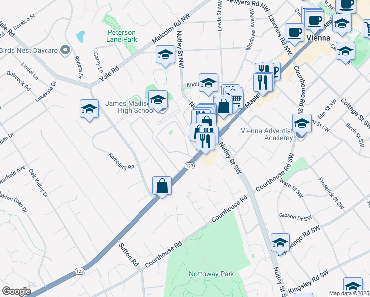 map of restaurants, bars, coffee shops, grocery stores, and more near 2532 Chain Bridge Road in Vienna