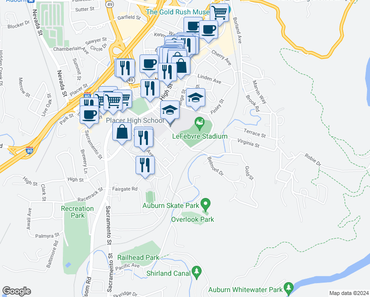 map of restaurants, bars, coffee shops, grocery stores, and more near 190 Agard Street in Auburn