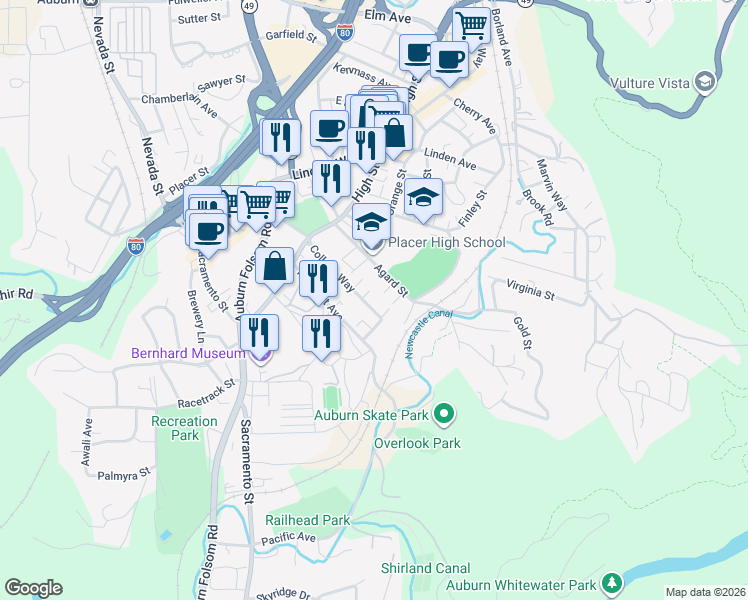 map of restaurants, bars, coffee shops, grocery stores, and more near 182 College Way in Auburn