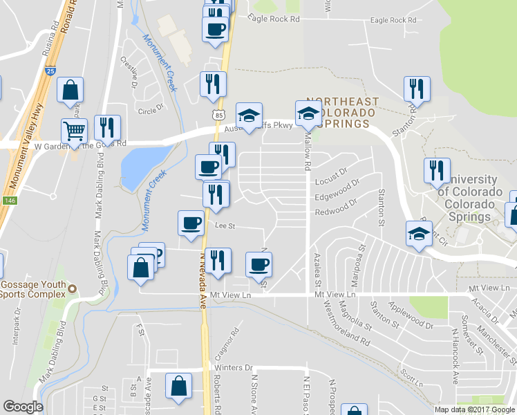 map of restaurants, bars, coffee shops, grocery stores, and more near 249 Elmwood Drive in Colorado Springs