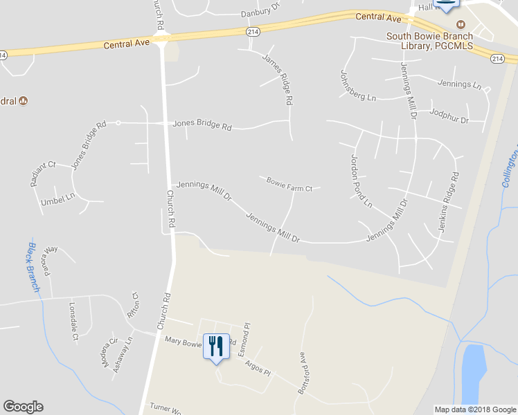 map of restaurants, bars, coffee shops, grocery stores, and more near 903 Jennings Mill Drive in Bowie