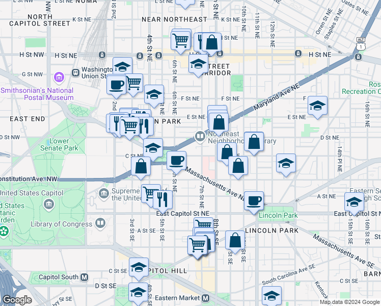 map of restaurants, bars, coffee shops, grocery stores, and more near 632 C Street Northeast in Washington