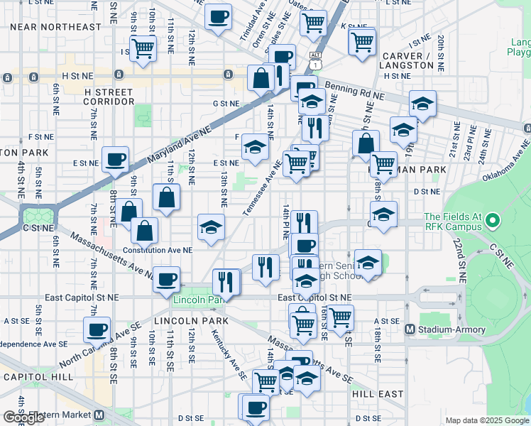 map of restaurants, bars, coffee shops, grocery stores, and more near 1374 C Street Northeast in Washington