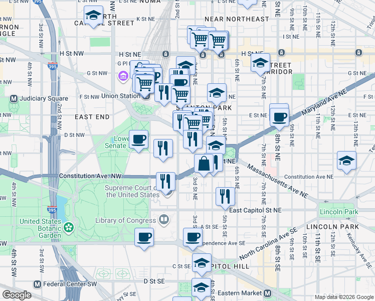 map of restaurants, bars, coffee shops, grocery stores, and more near 101 Independence Avenue Southeast in Washington