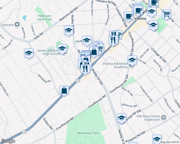 map of restaurants, bars, coffee shops, grocery stores, and more near 512 Maple Avenue West in Vienna