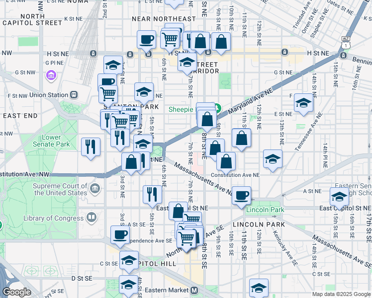 map of restaurants, bars, coffee shops, grocery stores, and more near 101 Independence Avenue Southeast in Washington