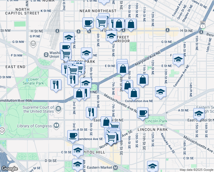 map of restaurants, bars, coffee shops, grocery stores, and more near 632 C Street Northeast in Washington