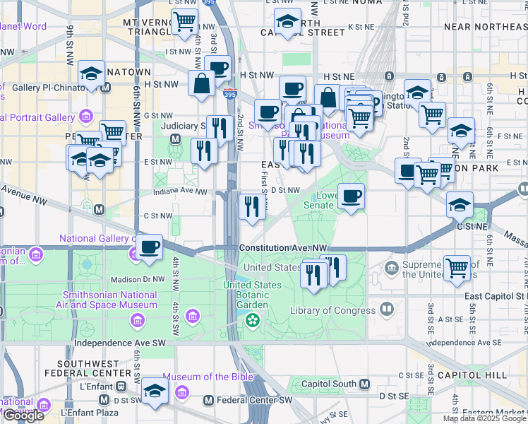 map of restaurants, bars, coffee shops, grocery stores, and more near 320 First Street Northwest in Washington