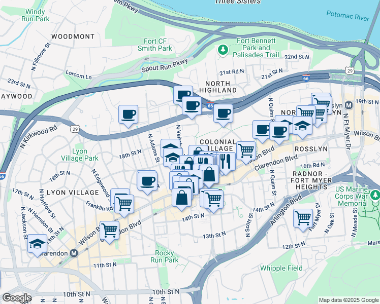 map of restaurants, bars, coffee shops, grocery stores, and more near 2111 Key Boulevard in Arlington