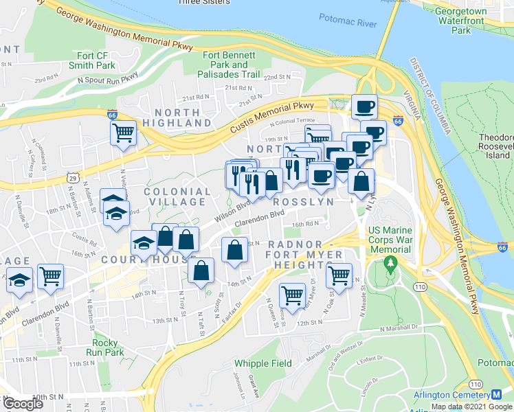 map of restaurants, bars, coffee shops, grocery stores, and more near 1776 Wilson Boulevard in Arlington