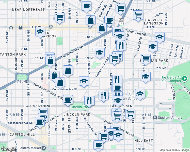 map of restaurants, bars, coffee shops, grocery stores, and more near 302 Tennessee Avenue Northeast in Washington