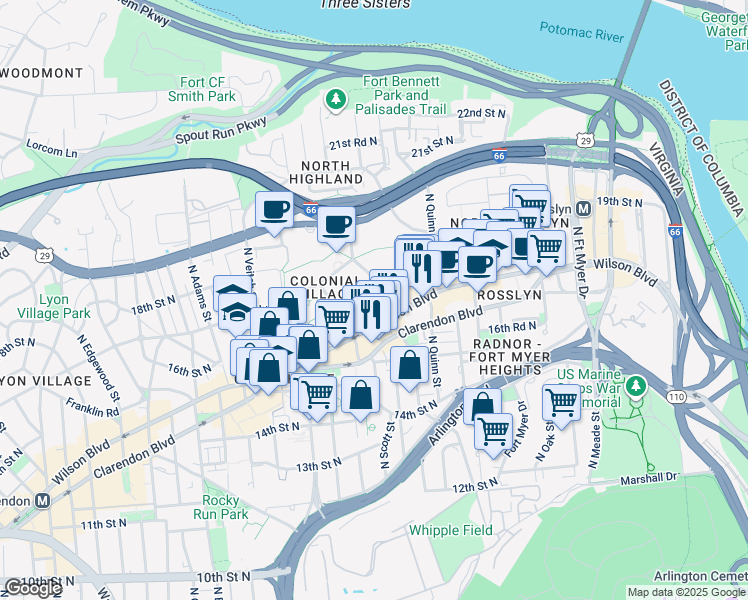 map of restaurants, bars, coffee shops, grocery stores, and more near 1736 North Rhodes Street in Arlington