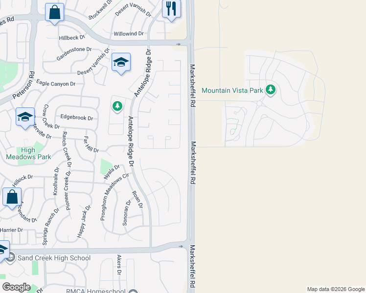 map of restaurants, bars, coffee shops, grocery stores, and more near 4330 Gray Fox Heights in Colorado Springs