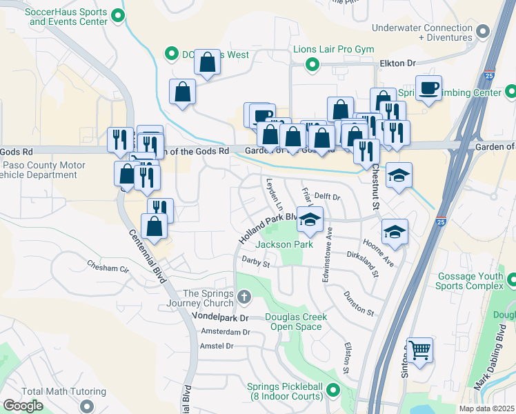 map of restaurants, bars, coffee shops, grocery stores, and more near 1116 Holland Park Boulevard in Colorado Springs