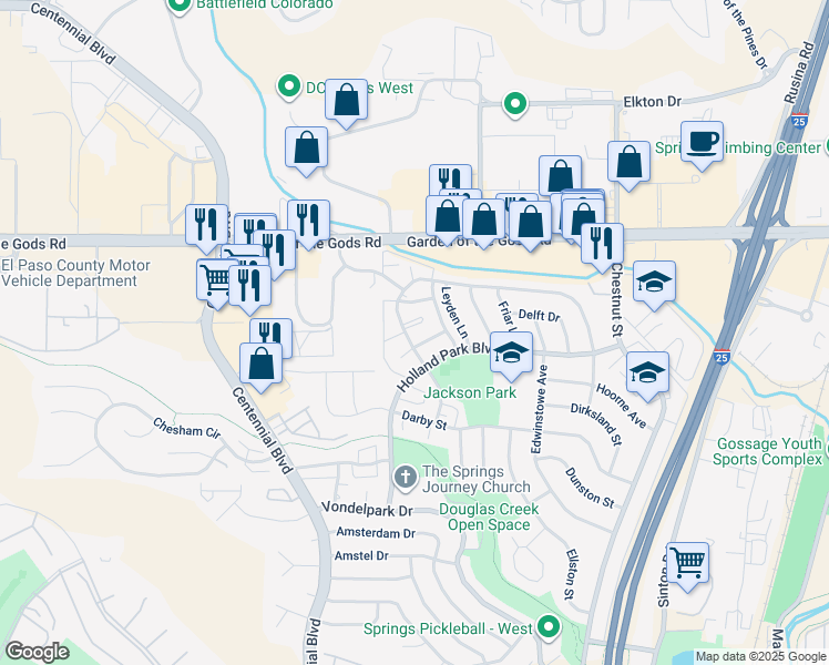 map of restaurants, bars, coffee shops, grocery stores, and more near 4228 Forrest Hill Road in Colorado Springs