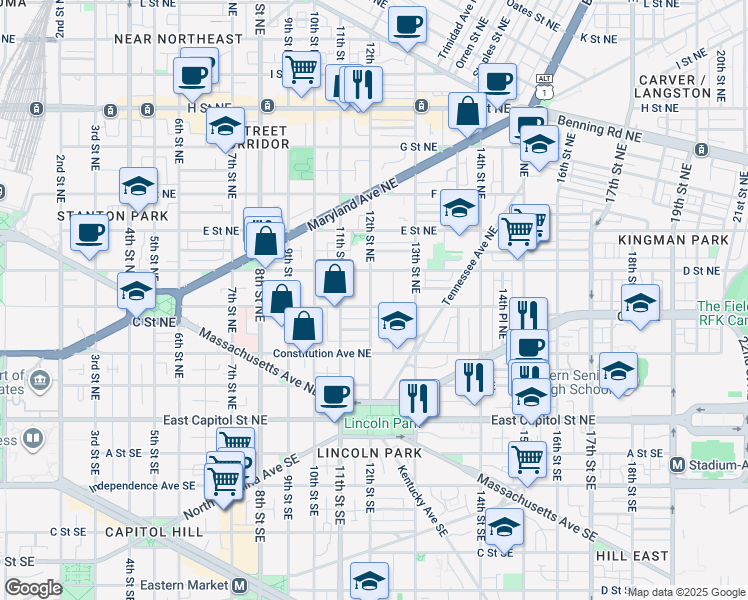 map of restaurants, bars, coffee shops, grocery stores, and more near 101 Independence Avenue Southeast in Washington