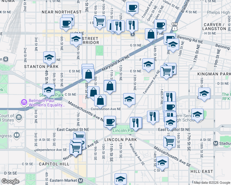 map of restaurants, bars, coffee shops, grocery stores, and more near 101 Independence Avenue Southeast in Washington