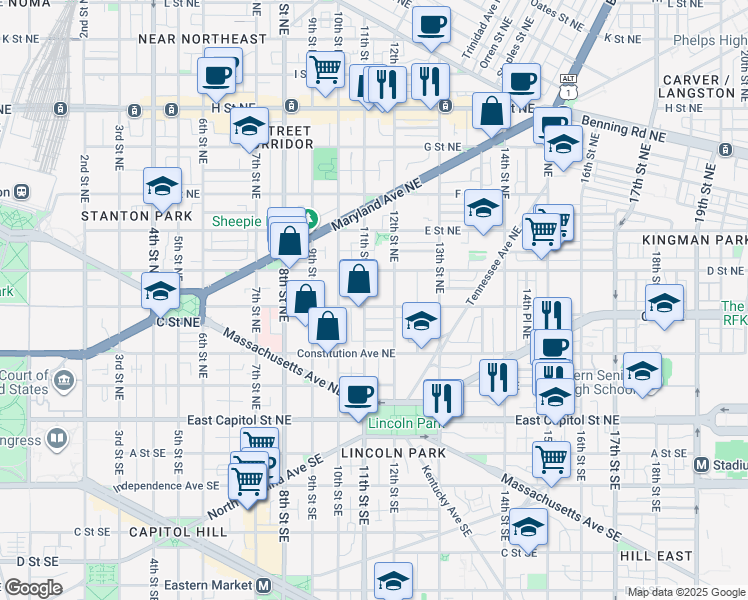 map of restaurants, bars, coffee shops, grocery stores, and more near 101 Independence Avenue Southeast in Washington