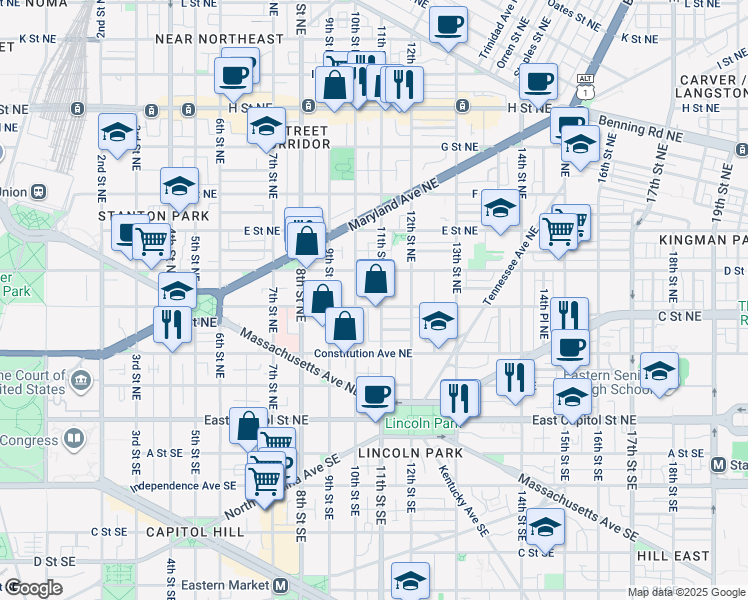 map of restaurants, bars, coffee shops, grocery stores, and more near 101 Independence Avenue Southeast in Washington