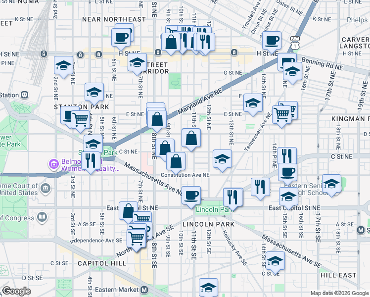 map of restaurants, bars, coffee shops, grocery stores, and more near 101 Independence Avenue Southeast in Washington