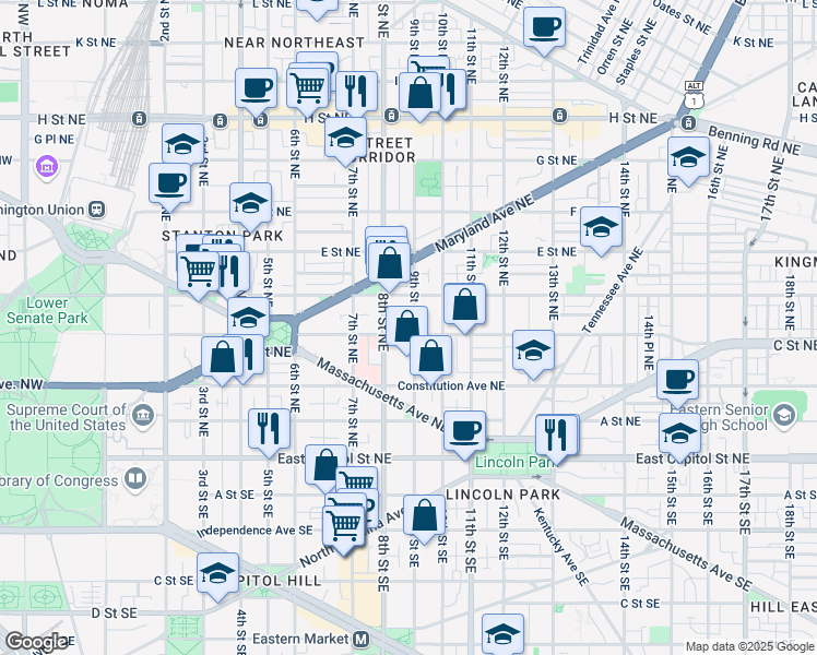 map of restaurants, bars, coffee shops, grocery stores, and more near 101 Independence Avenue Southeast in Washington
