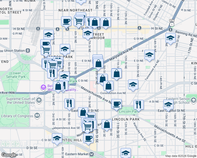 map of restaurants, bars, coffee shops, grocery stores, and more near 101 Independence Avenue Southeast in Washington