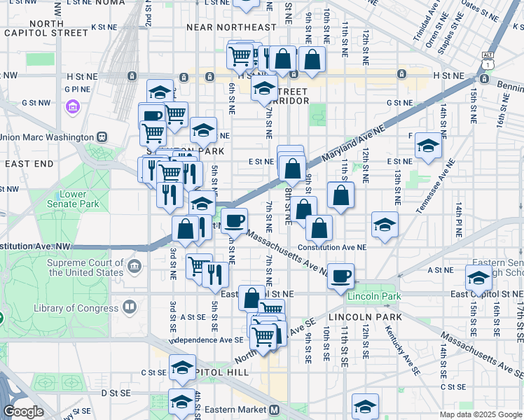map of restaurants, bars, coffee shops, grocery stores, and more near 101 Independence Avenue Southeast in Washington