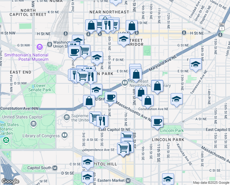map of restaurants, bars, coffee shops, grocery stores, and more near 101 Independence Avenue Southeast in Washington