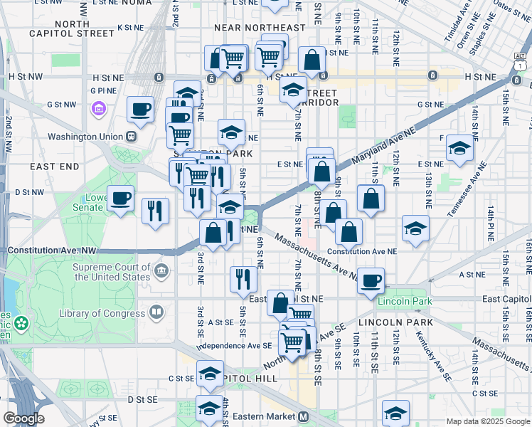 map of restaurants, bars, coffee shops, grocery stores, and more near 101 Independence Avenue Southeast in Washington
